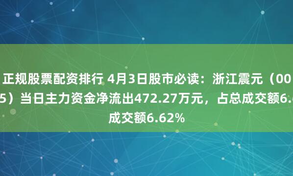 正规股票配资排行 4月3日股市必读：浙江震元（000705）当日主力资金净流出472.27万元，占总成交额6.62%