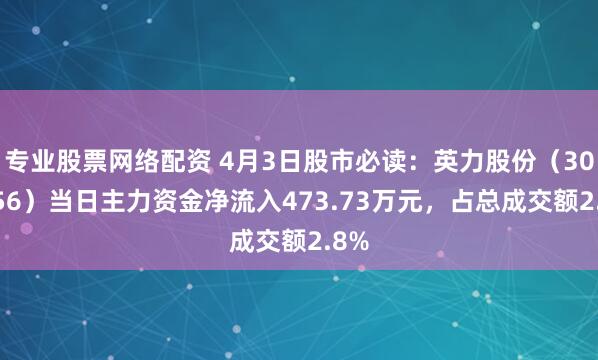 专业股票网络配资 4月3日股市必读：英力股份（300956）当日主力资金净流入473.73万元，占总成交额2.8%